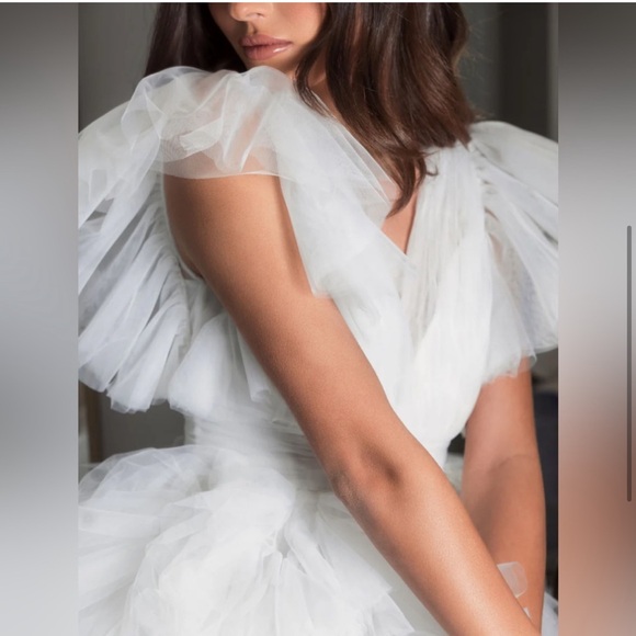 Mac Duggal 20505 Flutter Ruffle Sleeve Tiered Mini Dress Size 2 NWT White - Picture 3 of 7